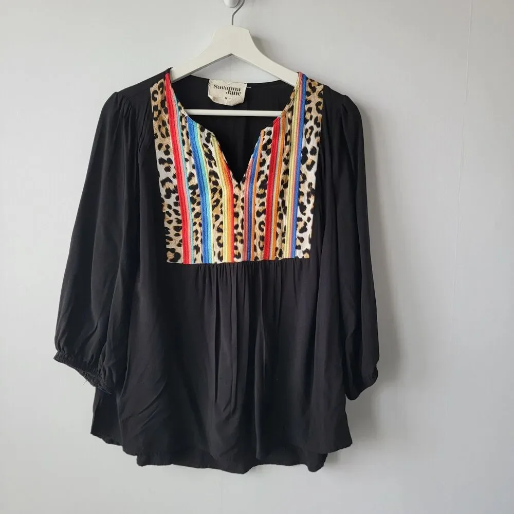 Savanna Jane Womens Animal Pattern Top size M Boho 3/4 sleeve